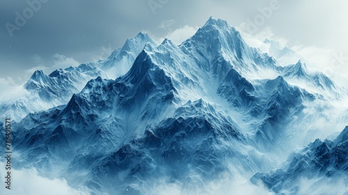   A towering mountain, blanketed in snow, rises amidst a murky clouded sky A bird soars above its peak photo