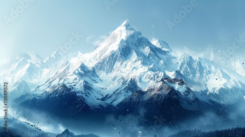  A snow-capped mountain painting, birds fly in the foreground, sky is blue, clouds in the background