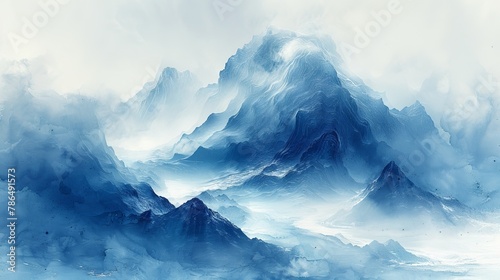  A painting of a fog-shrouded mountain range with birds flying overhead