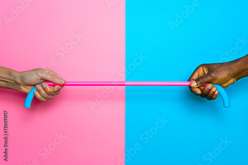 A hand of each race holding a different end of a blue and pink stretchy toy.
