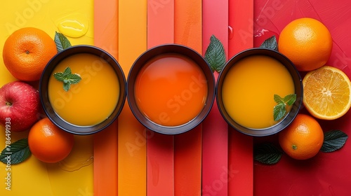   Three bowls of orange juice are surrounded by an assortment of oranges and apples against a vibrant multi-colored background photo