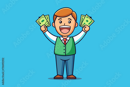 joyful man with banknotes of money in his hands vector illustration
