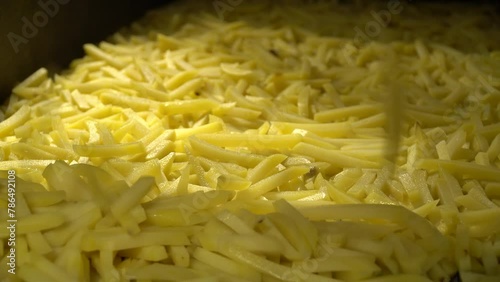 French fries production. Conveyor. Making fast food. Factory for the production of food. French fries. Golden potatoes. Washing food. Packing food. 