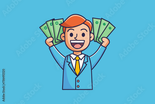 joyful man with banknotes of money in his hands vector illustration