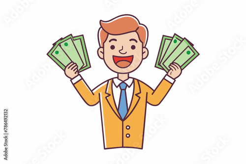 joyful man with banknotes of money in his hands vector illustration