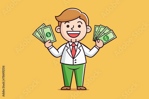 joyful man with banknotes of money in his hands vector illustration