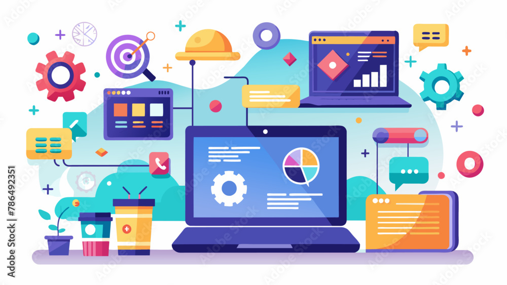 Software, web development, programming concept. Abstract Programming language and program code on screen laptop. Laptop and icons company network. Technology process of Software development. Vector Software, web development, programming concept. Abstract Programming language and program code on screen laptop. Laptop and icons company network. Technology process of Software development. Vector