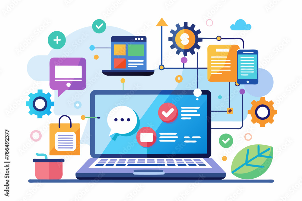 Software, web development, programming concept. Abstract Programming language and program code on screen laptop. Laptop and icons company network. Technology process of Software development. Vector Software, web development, programming concept. Abstract Programming language and program code on screen laptop. Laptop and icons company network. Technology process of Software development. Vector
