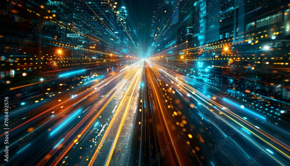 Naklejka premium A bright blue and orange light show with many small dots by AI generated image