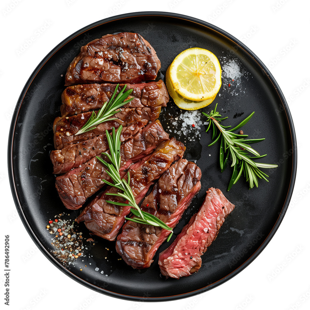 Beef steaks with rosemary and meat juice on black plate