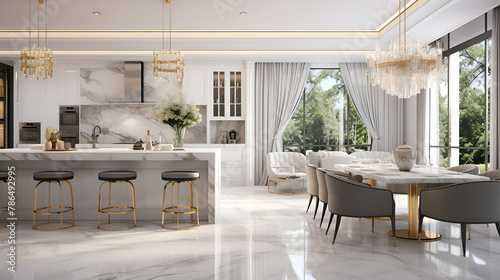 Grand and luxurious open concept space with a white kitchen and living space ,Cozy kitchen in the style of modern classics photo