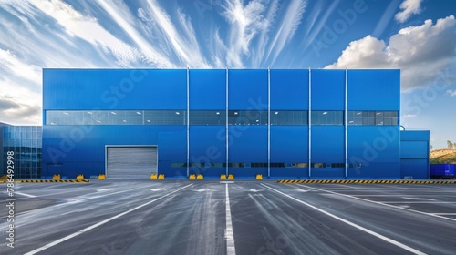 Big modern building for storage or logistics centre. Blue sky in the background.