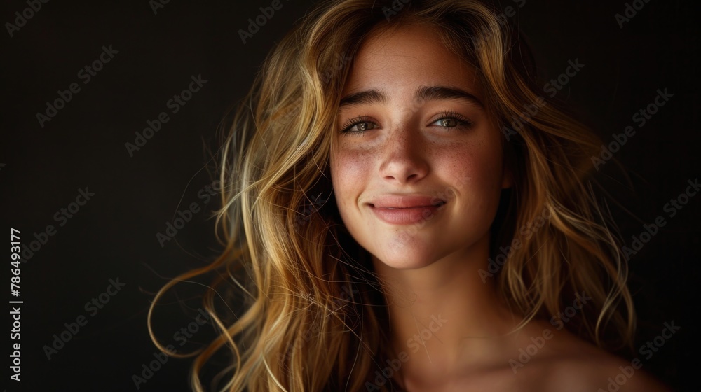 Close up face of a pretty young blonde woman is standing in front of a dark background. Close up face of a pretty young blonde woman is standing in front of a dark background.