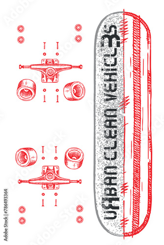 Vector illustration of skateboard with disassembled axles and wheels.
