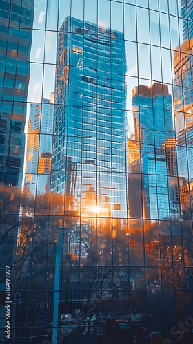 Reflections of urban architecture in glass buildings, realistic natural science photography, copy space