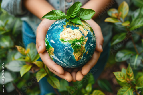 Hands holding a blue Earth globe, symbolic eco gesture for environmental protection, human responsibility for nature conservation, planet care and sustainable development