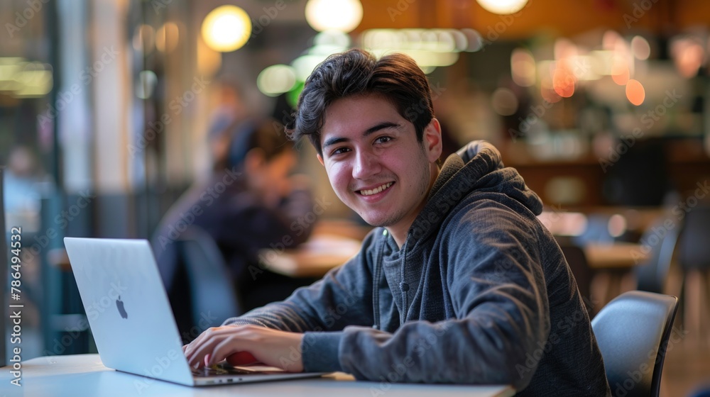Photo of a young smiling male student working on a laptop in cafe.