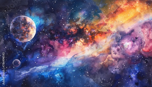 A painting of a colorful galaxy with a large planet in the center by AI generated image