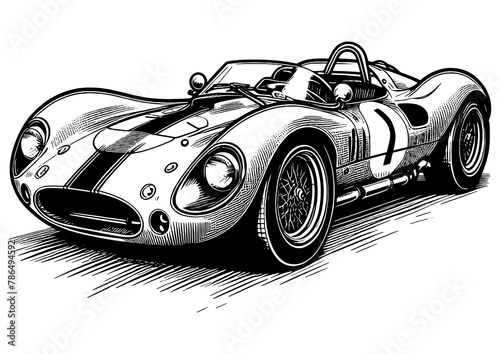 classic race car, capturing the speed and elegance of historic motorsports sketch engraving generative ai PNG illustration. Scratch board imitation. Black and white image.