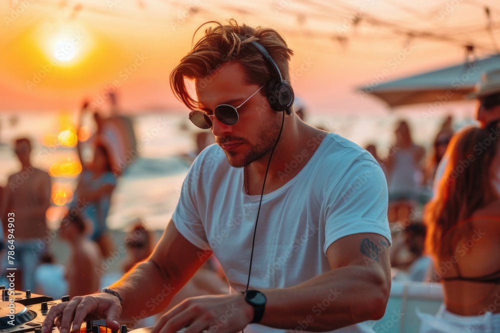 A cool male DJ playing music at beach club. A cool male DJ playing music at beach club.