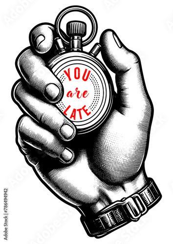 stopwatch with You are late text, emphasizing the importance of time sketch engraving generative ai fictional character PNG illustration. Scratch board imitation. Black and white image. photo
