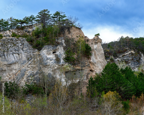  cliff of former dolomite stone quarry with caves at the Harzberg mountain in Bath Voeslau, Austria