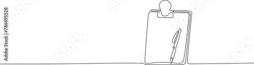 Editable stroke of Clipboard with checklist and pen in one continuous line drawing. To do list sketch and concept for test expertise and exam in simple linear style.  Doodle vector illustration