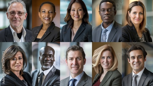 A collection of executive portraits in various poses, capturing individual personalities within a team setting.