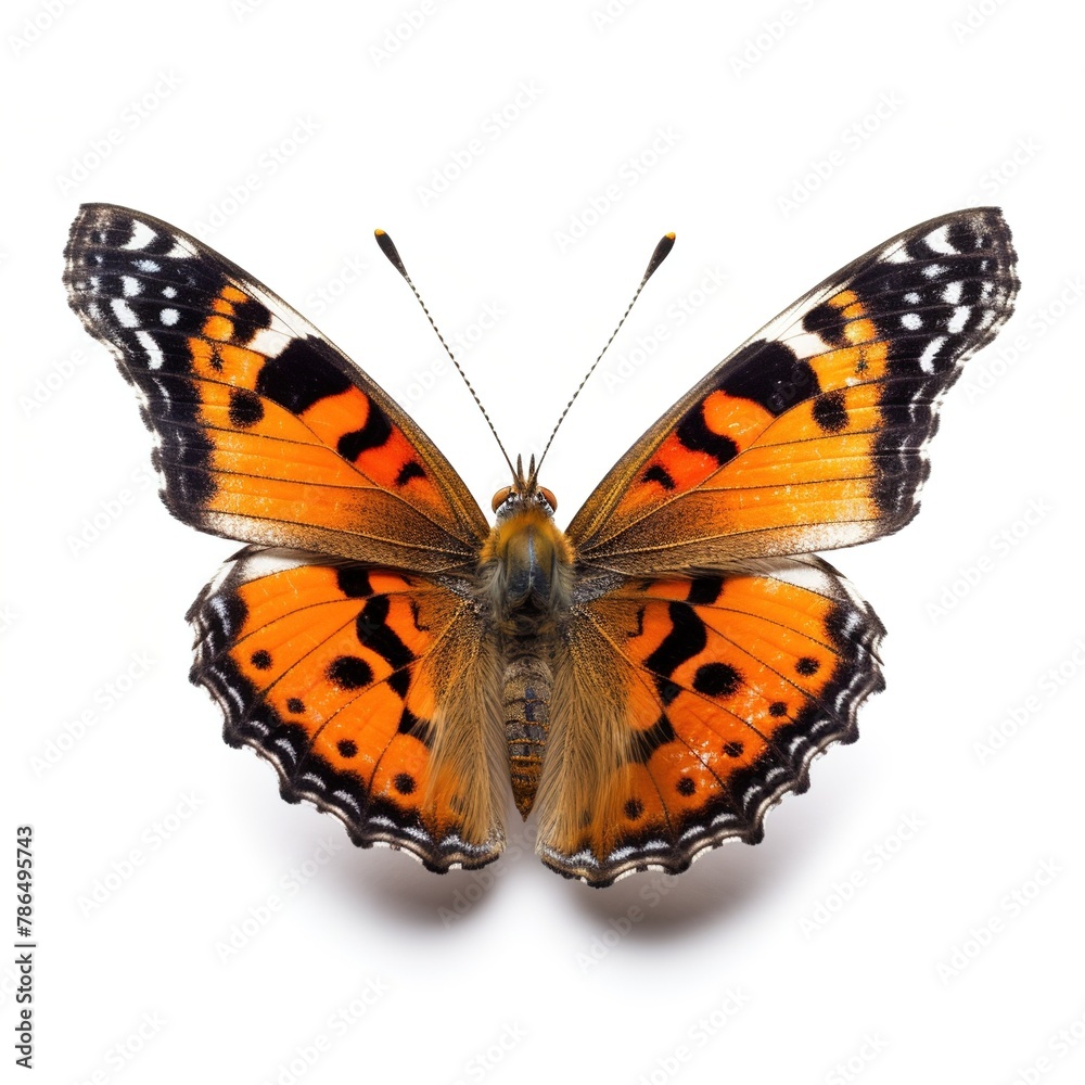 Butterfly aglais urticae in flight on a white isolated background Butterfly aglais urticae in flight on a white isolated background