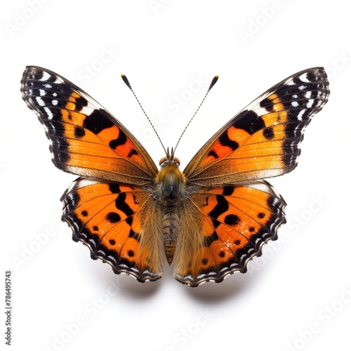 Butterfly aglais urticae in flight on a white isolated background photo