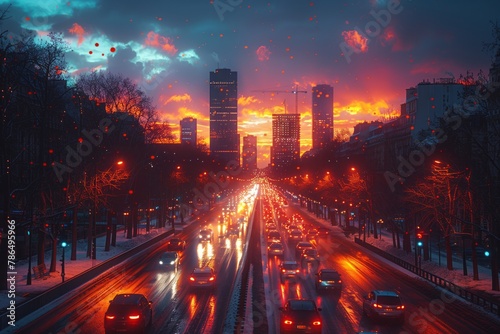 A bustling highway with a city skyline in the background during sunset, with skyscrapers and tower blocks creating a picturesque cityscape against the colorful dusk sky