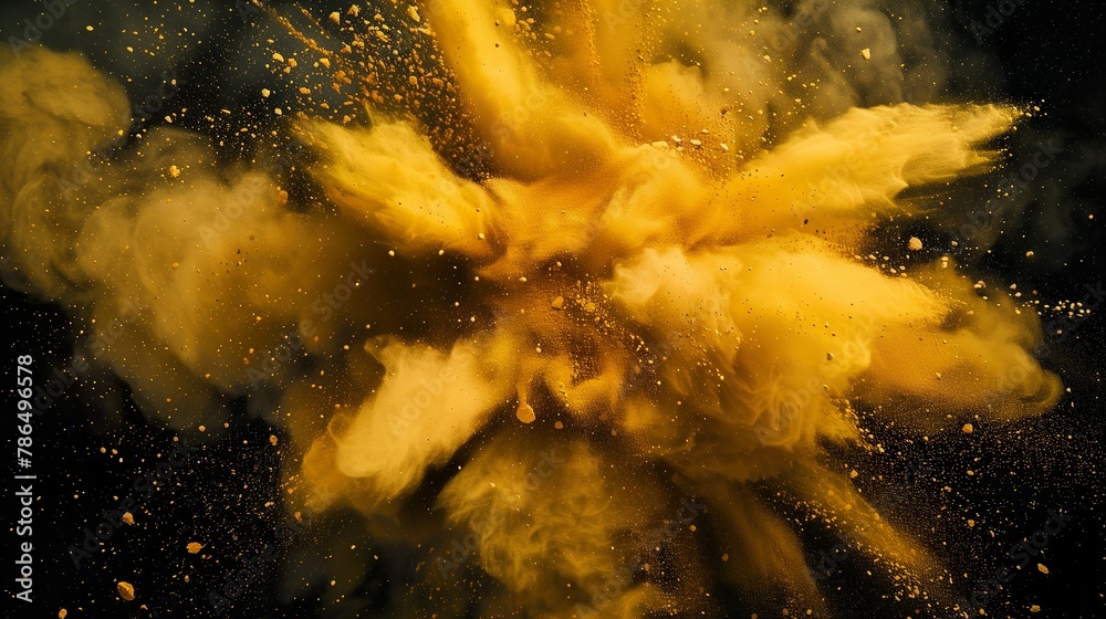 gelbe und orange Farbexplosion vor dunklem Hintergrund - obrazy, fototapety, plakaty 