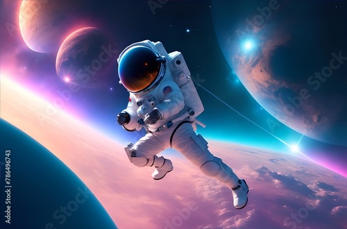 Astronaut in open space against the backdrop of planets