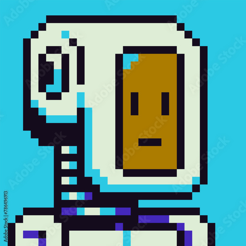 8-bit sky-fi cyborg pixel art cartoon vector icon, avatar robot character,  game user or web profile person,  social net portrait, 80s, humanoid face, minimalistic vector illustration.