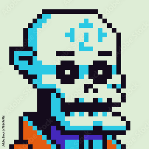 Avatar dead man pixel art skeleton character, cartoon vector icon game user web profile person, 8-bit creepy guy, social net portrait, man face, minimalistic fashion, vector