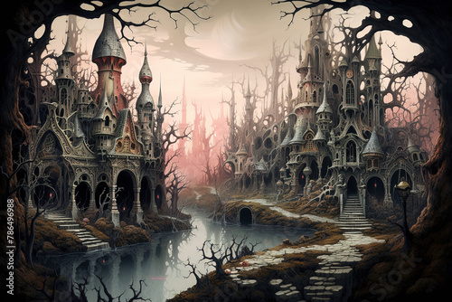 A fantastical chimera castle, nestled on the banks of a river meandering through a sleepy forest