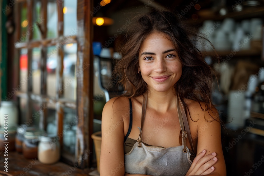 A woman sits at a restaurant table with crossed arms, smiling and showing off her jewellery. She looks happy and relaxed, enjoying the fun atmosphere of the city
