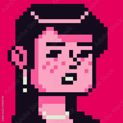 Pixel art young woman face, 8-bit girl, avatar female character, cartoon vector icon, game user or web profile persons and people, social net portrait, minimalistic fashion, vector