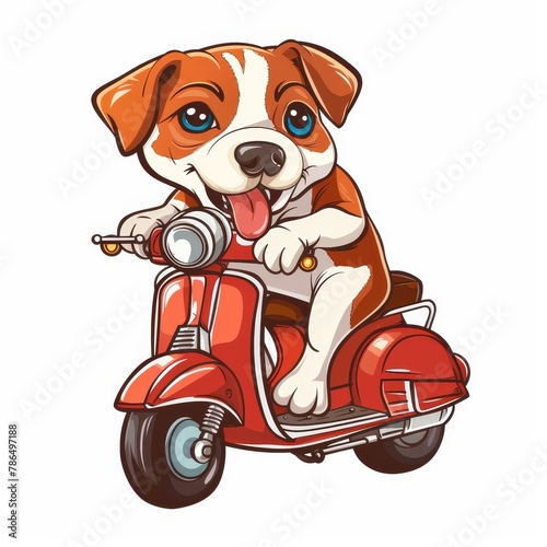 Cartoon sketch style icon of a ginger dog riding red motor scooter on a simple white background © Nikolai