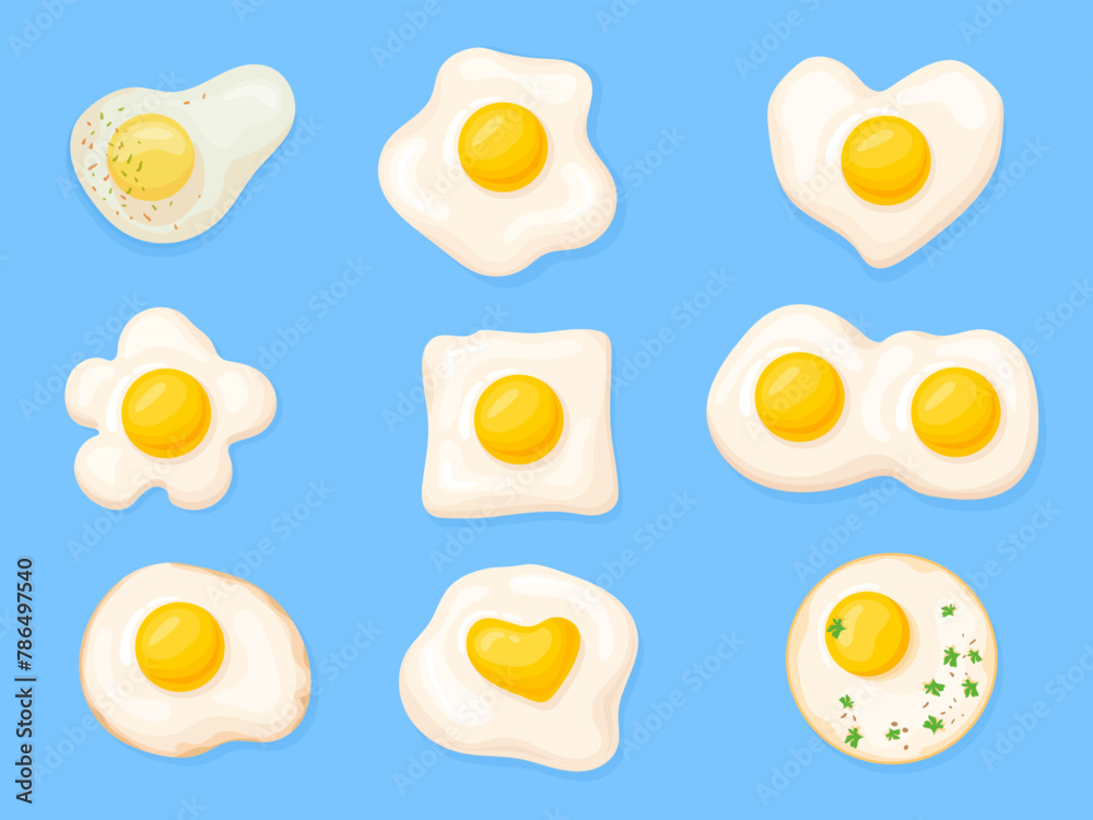Obraz premium Fried eggs shapes. Omelet icons, chicken fry egg sunny side up omelette circle heart different shapes with herbs and yolk, organic breakfast meal cartoon neat