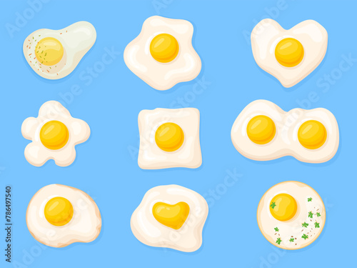 Fried eggs shapes. Omelet icons, chicken fry egg sunny side up omelette circle heart different shapes with herbs and yolk, organic breakfast meal cartoon neat © ssstocker