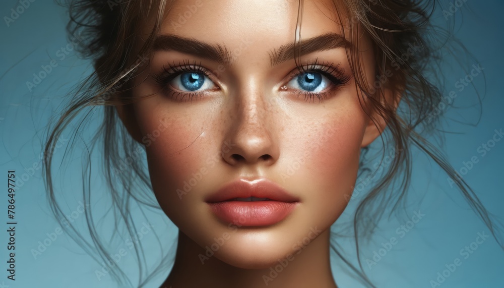Close up portrait of a woman with freckles on her face and long white eyelashes