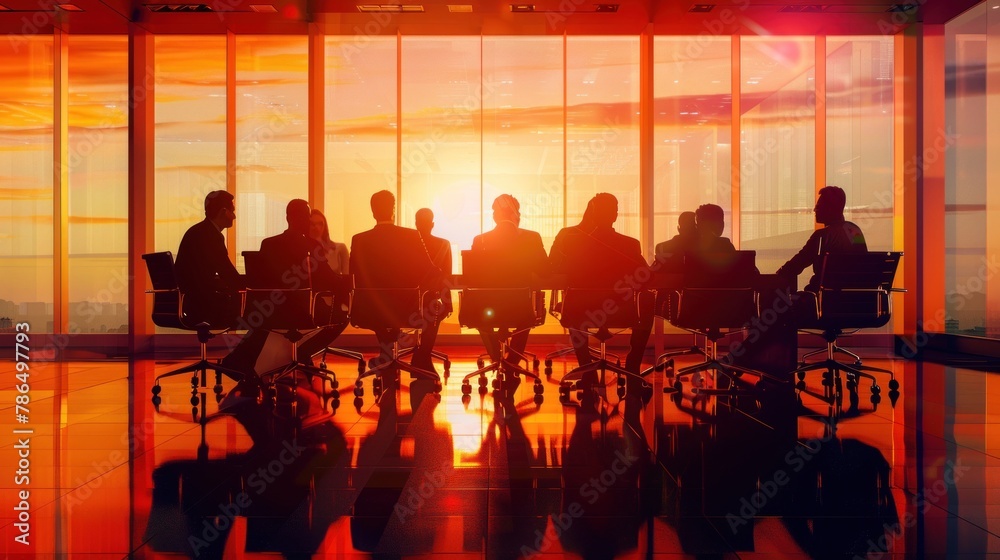 A distant perspective of the boardroom scene, with colleagues engaged in the discussion led by the businessman. A distant perspective of the boardroom scene, with colleagues engaged in the discussion led by the businessman.