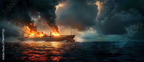Majestic Sailing Ship on Fire in the Open Sea at Dusk. Dramatic Ocean Scene with Flames and Smoke. Cinematic Nautical Disaster Theme. AI