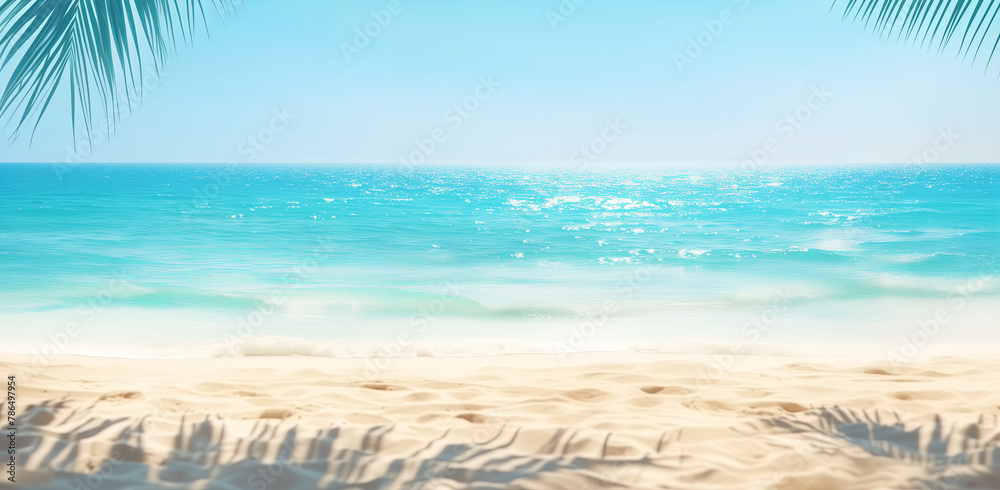Beautiful blurred background of sandy beach, palm tree and sea with copy space for text or design. Summer vacation concept, banner, blue sky, bokeh Beautiful blurred background of sandy beach, palm tree and sea with copy space for text or design. Summer vacation concept, banner, blue sky, bokeh