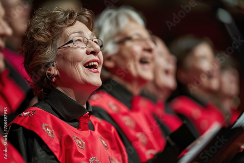 Women sing inspiredly in the church choir photo