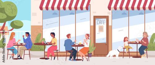 People restaurant patio. Couple eat restaurant food outdoor cafe backyard outside coffee shop, breakfast on summer terrace city cafeteria or street bar classy vector illustration