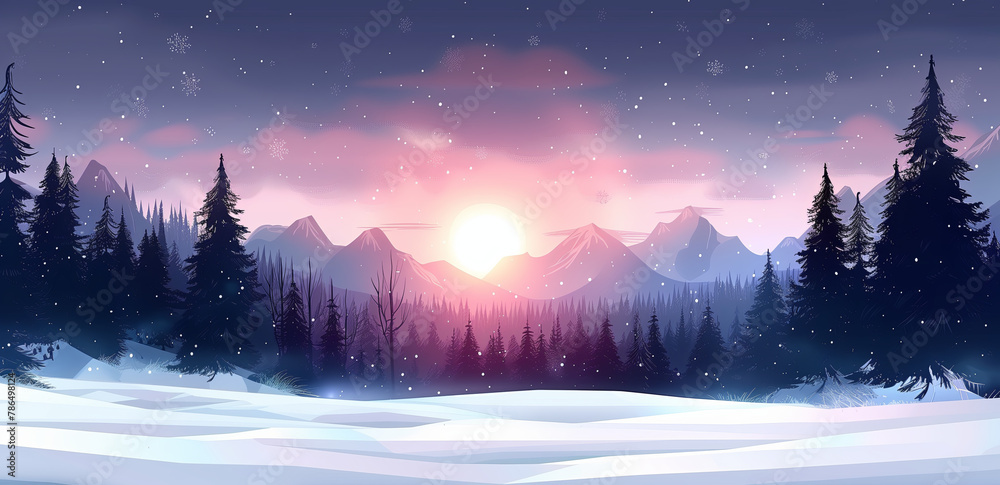 The untouched snow in the foreground reflects the serene light, enhancing the magical ambiance of the twilight landscape. Enchanting Winter Sunset Behind Snowy Pine Forest Under Sky.