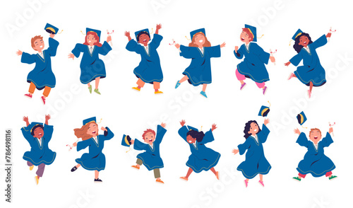 Kids in graduation gown. Children at robe bachelor diploma kindergarten or school graduate ceremony, cartoon cute child celebration education graduating, classy vector illustration