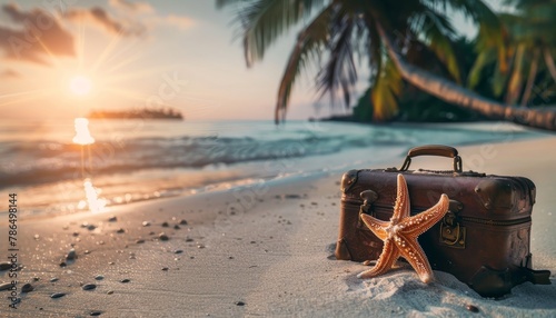Sandy beach with a starfish closeup, island in soft focus across the water, vintage luggage next to a palm tree, sunrise lighting